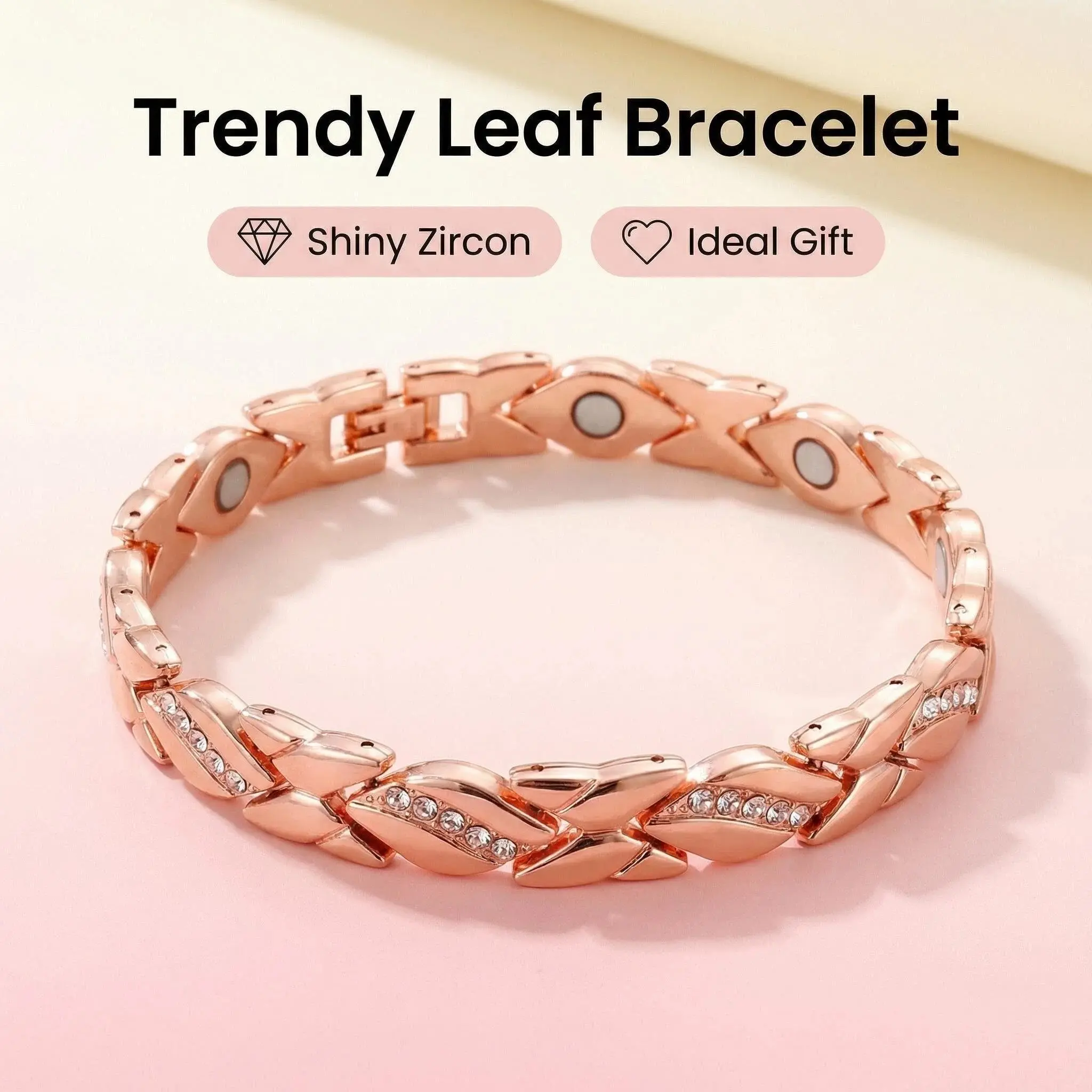 Women's leaf bracelet, pure copper magnetic bracelet with diamonds, 3500 gauss effective magnet, outdoor fun beautiful
