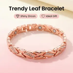 Women's leaf bracelet, pure copper magnetic bracelet with diamonds, 3500 gauss effective magnet, outdoor fun beautiful