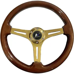 14 Inch 350mm Wooden Grain Steering Wheel 1.5'' Depth Gold Chromed 3-Spoke Classic With Horn Button 6 Bolts (wood-11)