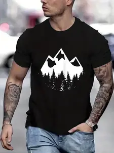 100% cotton Silhouette Of Trees Design Nature Lover Environmentalist Printed T-shirt, Short-sleeved Crew Neck Casual Top, Suitable For All Seasons, Men's Wear