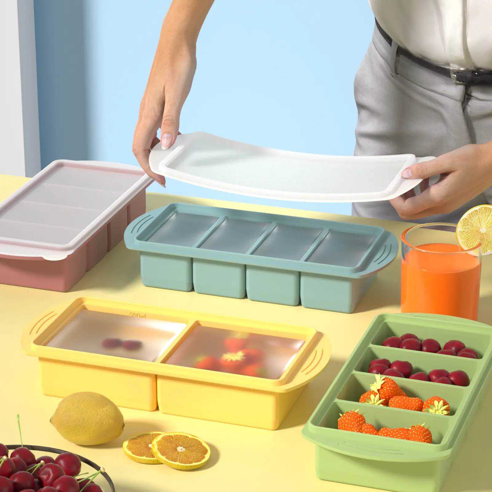 Silicone Freezer Tray Set with Lid, Meal Prep Containers, Makes 8 Perfect 1-Cup Cubes, BPA-Free, Dishwasher Safe, Ideal for Kitchen Food Storage & Meal Prep