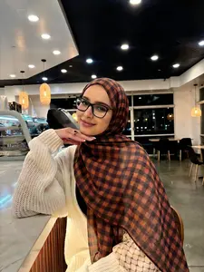 1pc British Plaid Design Turban Hijab Scarf, Women's Fashion Printed Headscarf, Breathable Mesh Fabric, Elegant Evening Wear, All Seasons