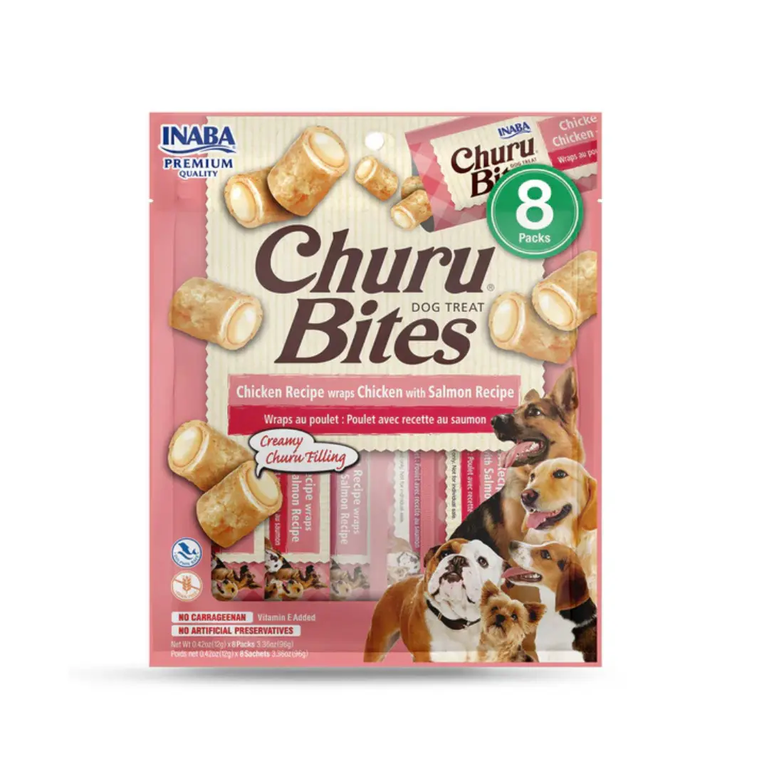Inaba Churu Bites Hydrating Chicken & Salmon Wrapped Dog Treats with Tapioca, Egg White, Guar Gum, Green Tea Extract, Natural Flavors, Essential Nutrients, 0.42 Oz X 8 Tubes for All Ages Dogs