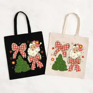 Retro Santa and Christmas Tree Tote Bag | Vintage Holiday Aesthetic Canvas Bag | Red Gingham Bow Christmas Gift Bag 2025