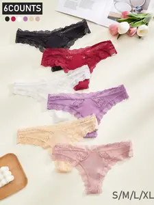 6 Pcs Women's Sexy Lace Panties, Lace Panty Set, Back Cross Strap Mesh Lace Underwear, Comfortable Hollow Out Design, Breathable High Elasticity All Season