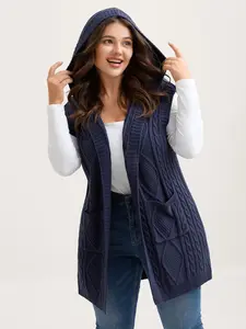 【 Hooded Detail】 Bloomchic Indigo Fitted Sleeveless Hooded Knit Cardigan for Women Casual Winter Wear with Patch Pocket Open Front Design Knitted Sweater Minimalist Knitwear Womenswear Tops