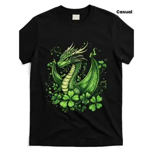 Men's Plus St Patrick's Day Dragon and Clover T-Shirt - Ireland Pride Unisex Short Sleeve Top, 220GSM Heavy Cotton, Black with Green Print, Casual Crew Neck, Four Seasons Cotton T-Shirt