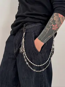 Men's Vintage Silver Color Pants Chain, Spider and Flower Shape, Casual Daily Wear Accessory, Subculture Style Essential