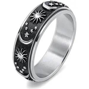 Sun Moon and Star Spinner Fidget Ring for  for Men Women Stainless Steel Rotating Engagement Wedding Band 8MM