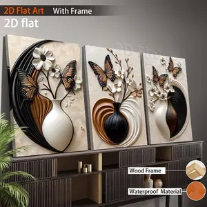2D flat painting, 2D flat painting, this is a set of three framed canvas artworks, featuring a modern abstract design of plants, flowers, and butterflies, perfect for decorating home walls
