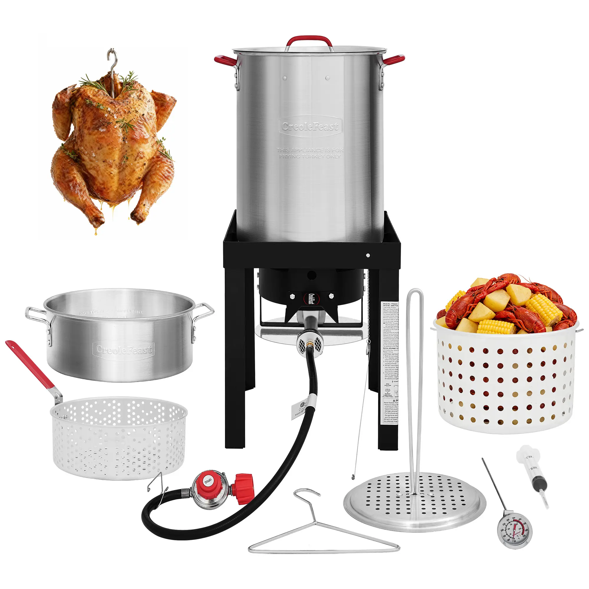Creole Feast TFS3010 3-IN-1 30 Qt. Turkey & 10 Qt. Fish Fryer Steamer Set, 50,000 BTU Propane Boiler with Aluminum Cookware, Complete Outdoor Cooking Kit for Turkey, Fish, Seafood, Silver