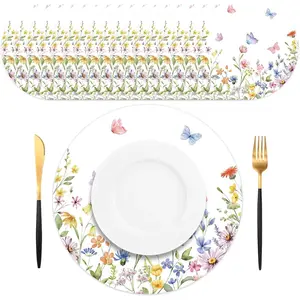 50PCS Spring Floral Placemats Disposable Wildflower Paper Placemats Round Table Mats for Spring Summer Brunch, Garden Tea Parties & Outdoor Picnics
