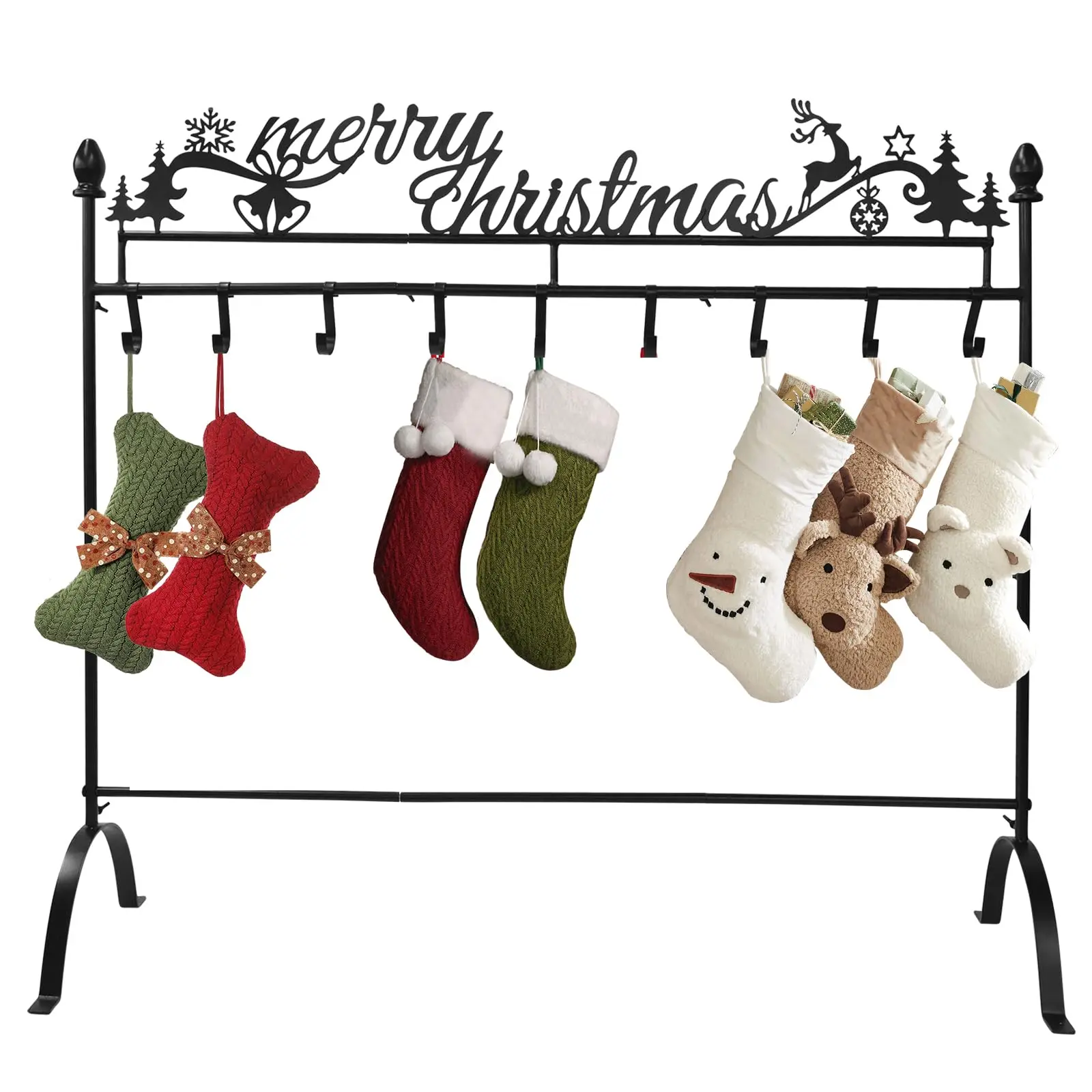 HOMEYA Christmas Stocking Holder Stand 3ft Classic Xmas Stockings Hangers with 10 Hooks for Floor, Heavy Duty Iron Metal Freestanding Rack with Sturdy Base, Holiday Christmas Decor Hanger Stand