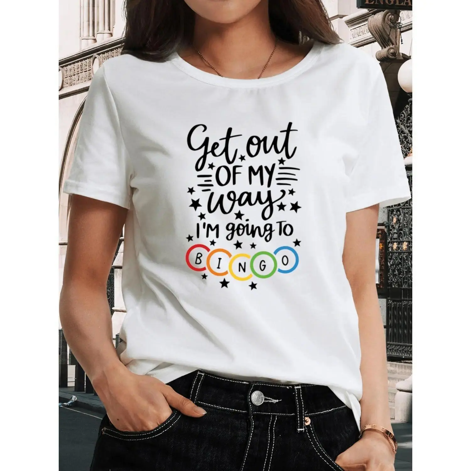 Plus Size Womens Printed Crew Neck TShirt with Move Over Im Going to Ringo Slogan Colorful Stars and Bingo Ball Design Casual ShortSleeved Top Machine Washable Opaque Fabric Suitable for Spring Summer and Autumn Easy Care