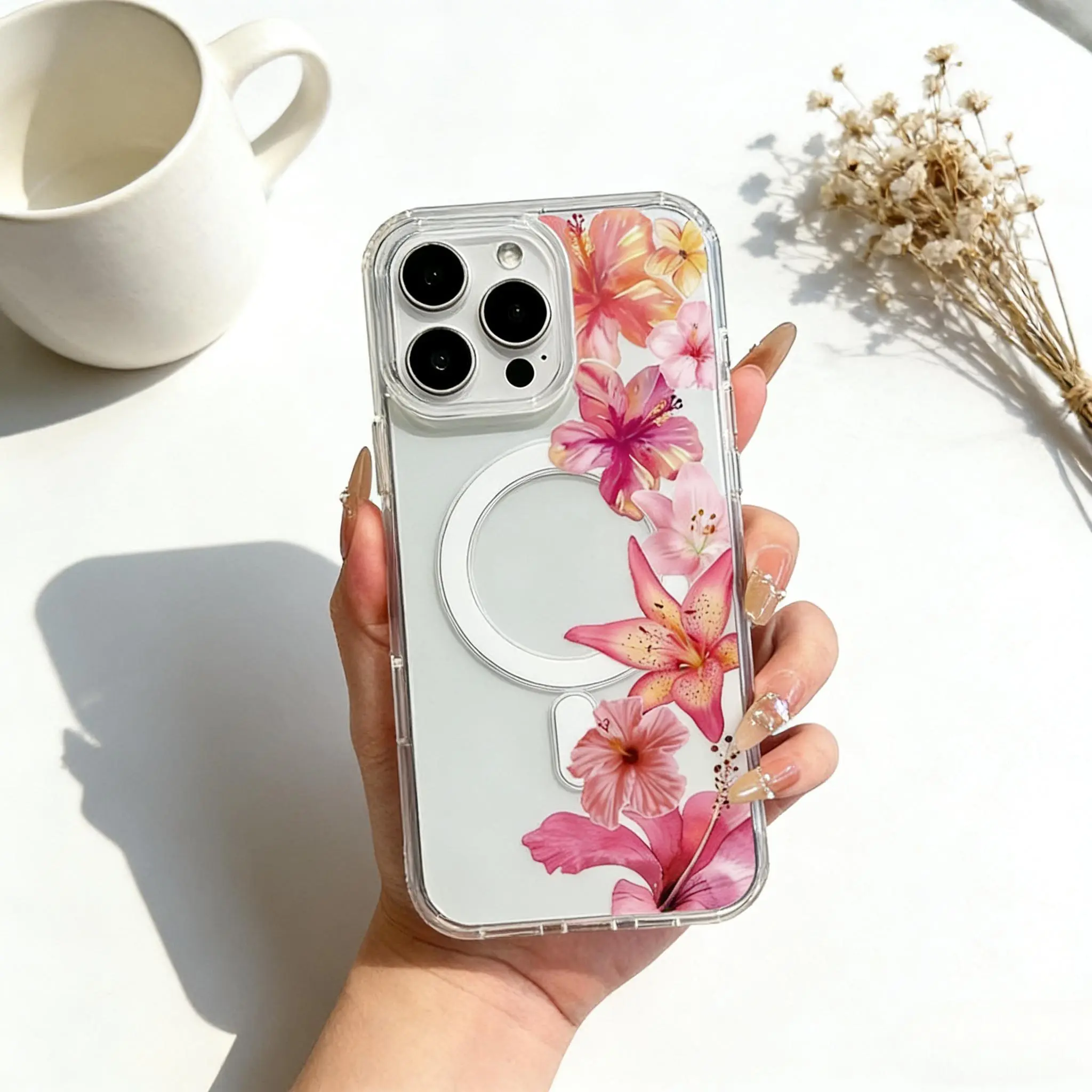 Girly Flower TPU Magnetic-Ready Transparent Cellphone Case - Slim Fit, Lightweight, Shockproof, Chic, Soft Yet Durable TPU, Camera-Protective, No Bulk for iPhone 11/12/13/14/15/16 Pro Max