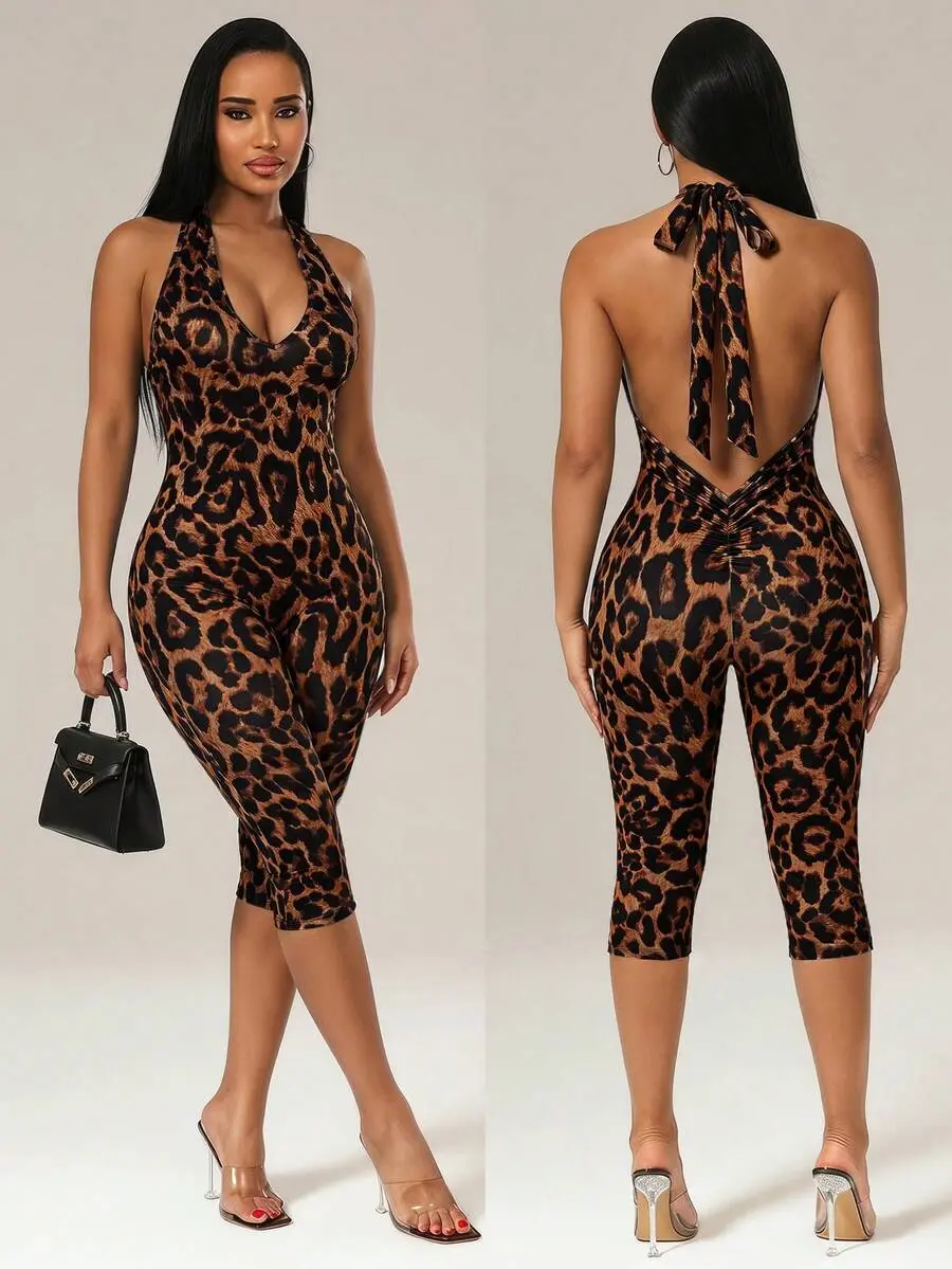 Slayvie Elegant Leopard Print Tight Jumpsuit Halter Neck Backless Jumpsuit High Elastic Knit Daily Casual Outings Night Date