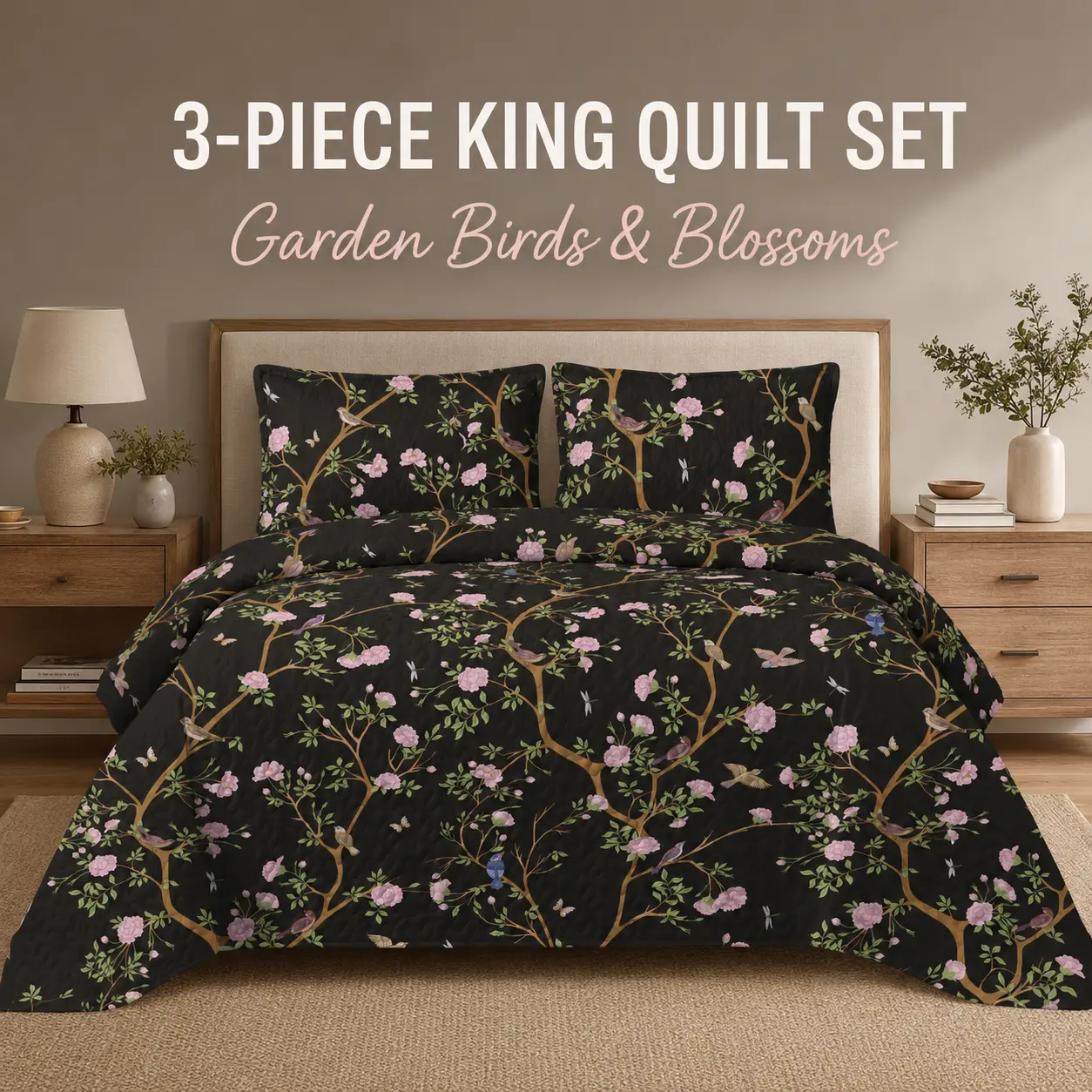King Size 3-Piece Floral Bird Quilt Set, 104 x 90 in Black Botanical Bedspread with 2 King Pillow Shams 20 x 36 in, Printed Quilted Coverlet Bedding Set for Bedroom