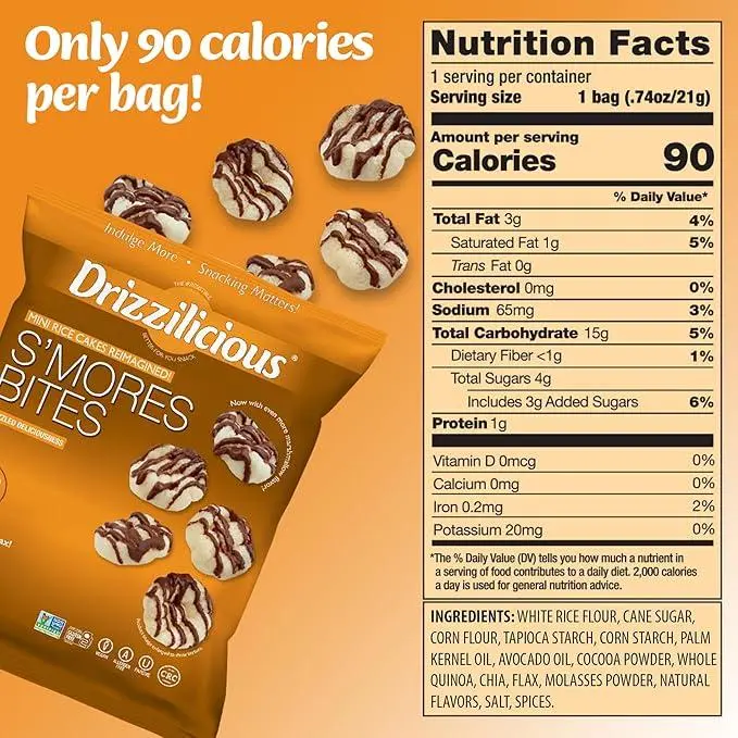 32 Pack - Drizzilicious - Variety Pack Mini Rice Cakes [S'mores, Cinnamon Swirl, Birthday Cake] Only 90 Calories Per Bag - .74 oz