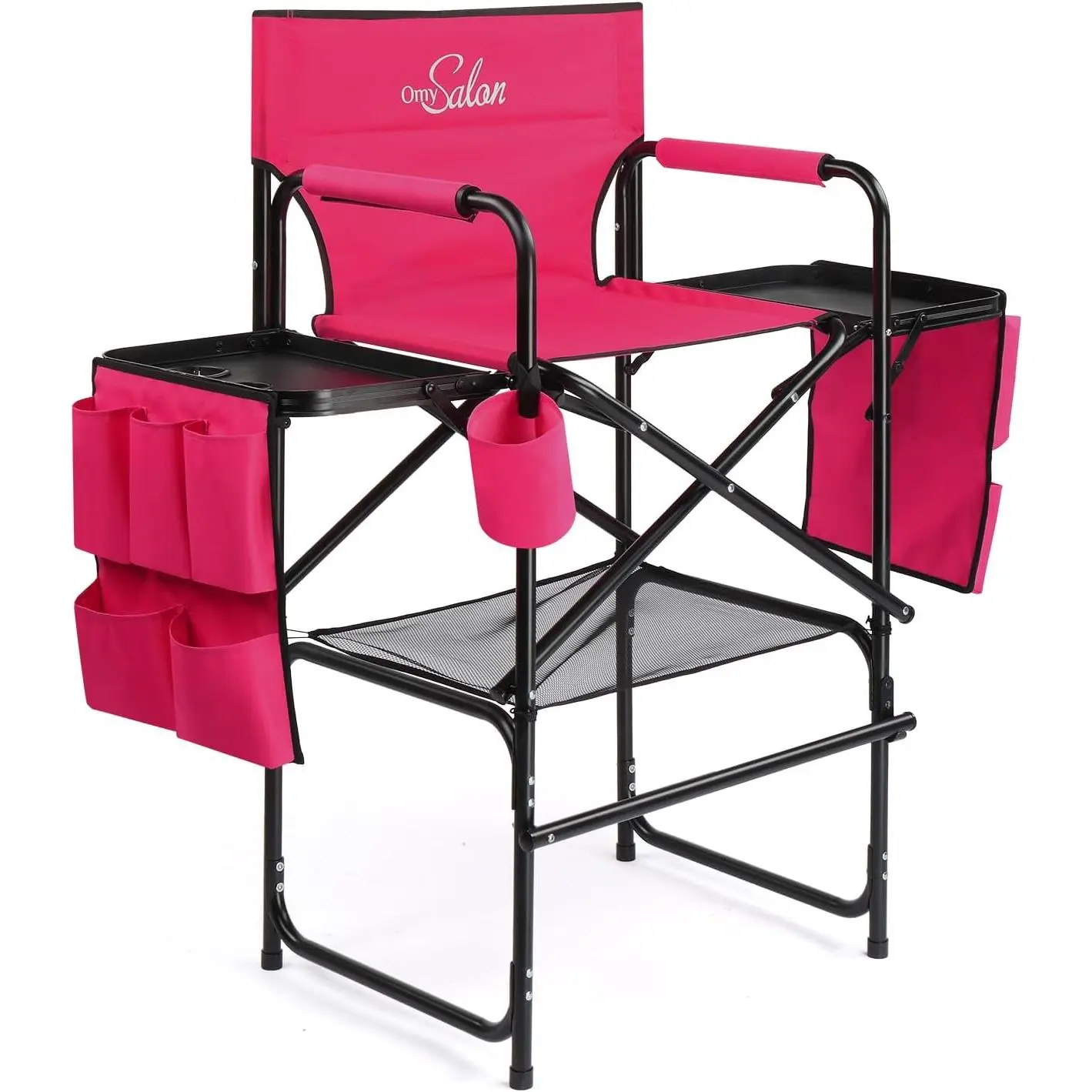 OmySalon Tall Folding Fabric-Lined Padded Aluminum Backrest Cushioning Directors Chair, Portable Bar-Height Chair with Shoulder Strap (No Carry Bag), Fabric-Lined Directors Chairs, Padded Directors Chairs