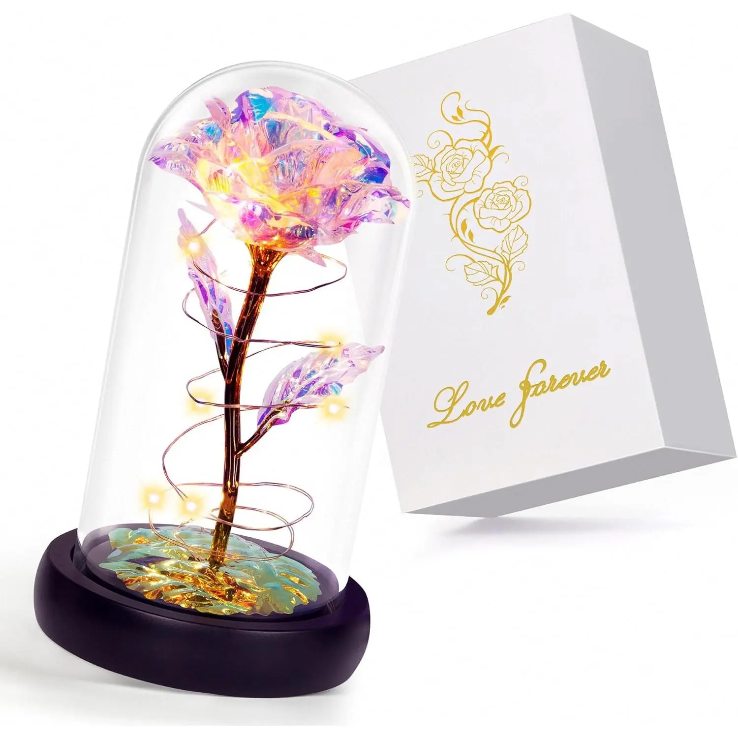 Light Up Rose in Glass Dome Colorful Rainbow Eternal Flower – Great Gift for Her