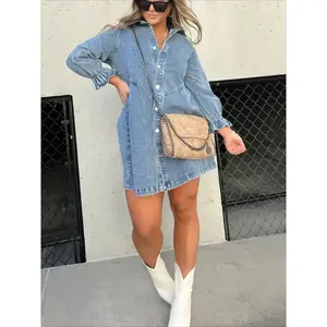 Midiross washed denim bubble-sleeve mini dress — short notched lapel collar with ruffles and matte silver buttons — casual women’s fashion pleated design GARMENTARY