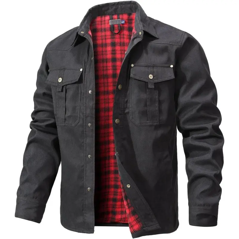 Men's Classic Plaid Flannel-Lined Shacket, Long Sleeve Menswear Tops with Brushed Lining, Cowboy Western Twill Outdoor Shirt Jacket with Pocket