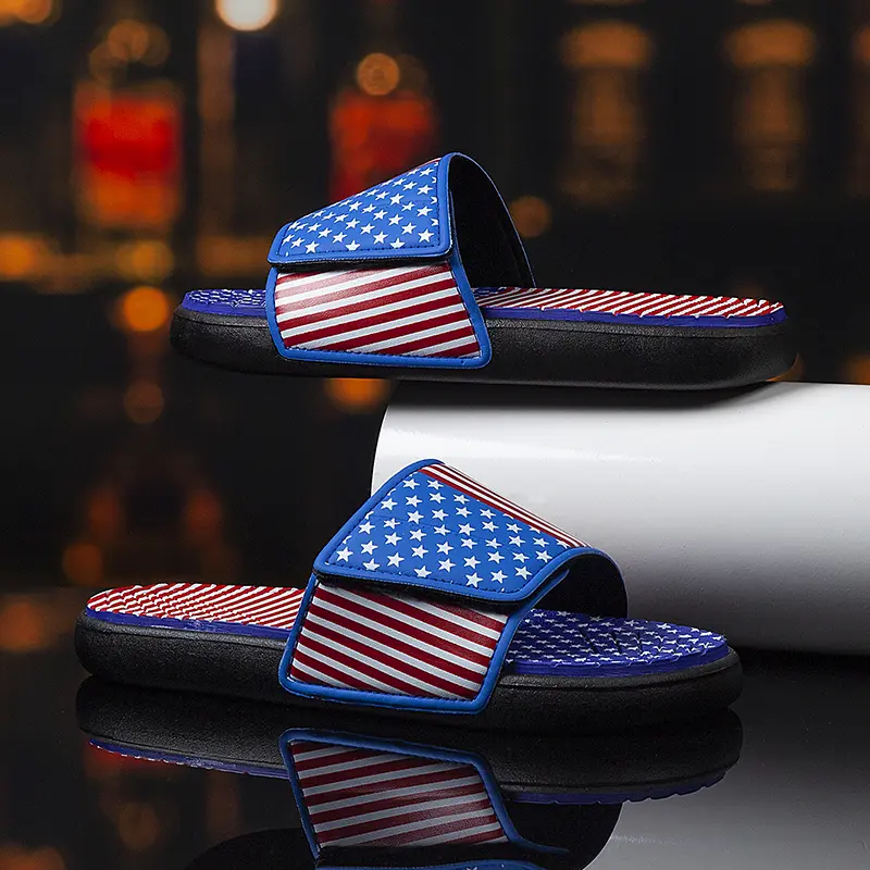 Men's Flag Print PU Leather Clogs, Open-Toe Casual Sports Sandals with Adjustable Strap for Outdoor Wear, Pu Upper