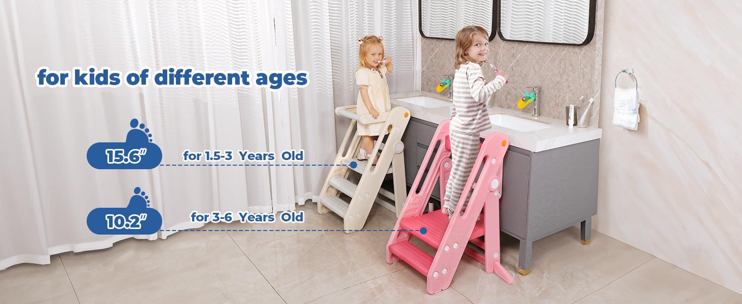 Dripex Toddler Tower Kitchen Stool Helper, Foldable & Adjustable Height Kids Learning Stool for Kitchen Counter Bathroom Sink, Child Ladder for Toddlers with Handles, Safty Rail, Non-Slip Pads