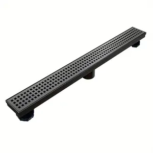 24 Inch Linear Drain Rectangular Floor Drain SUS304 Stainless Steel Black with Square Hole Pattern Cover Plate Detachable Accessories