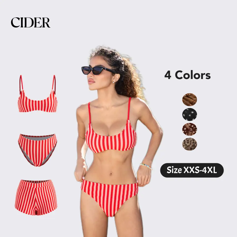 Cider Terry U-neckline Stripe Bracelet Bikini Set & Cover Up Shorts