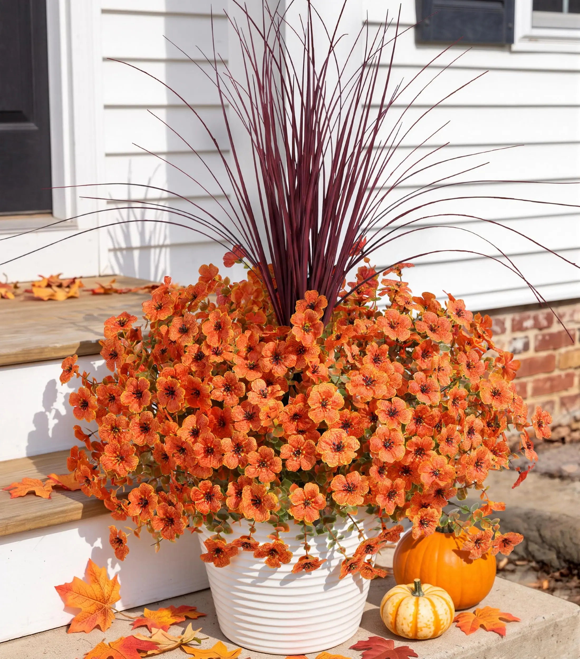 Ivydale Artificial Mums Flowers for Outdoors 12 Pcs + Burgundy Grass | Fall Fake Mums Daisy UV Resistant Look Real for Autumn Home Porch Patio Garden Yard, Orange