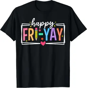 Fri-Yay! Women's Fun Friday Teacher T-Shirt – Colorful Letter Print with Floral & Elements, Soft , Round Neck, Short Sleeve, Stretch Fabric, Casual Summer Top for Teachers &, Event Attire
