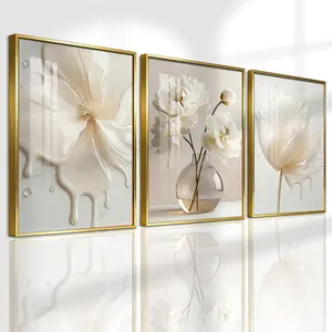 3 Counts Aluminum Alloy Framed Painting, Elegant White Liquid Floral Art Pictures, Home Decoration For Living Room, Bedroom, Office, Restaurant, Hallway Wall Decor, Odorless Print Artwork, Luxury Perfect Gift For Friends And Family