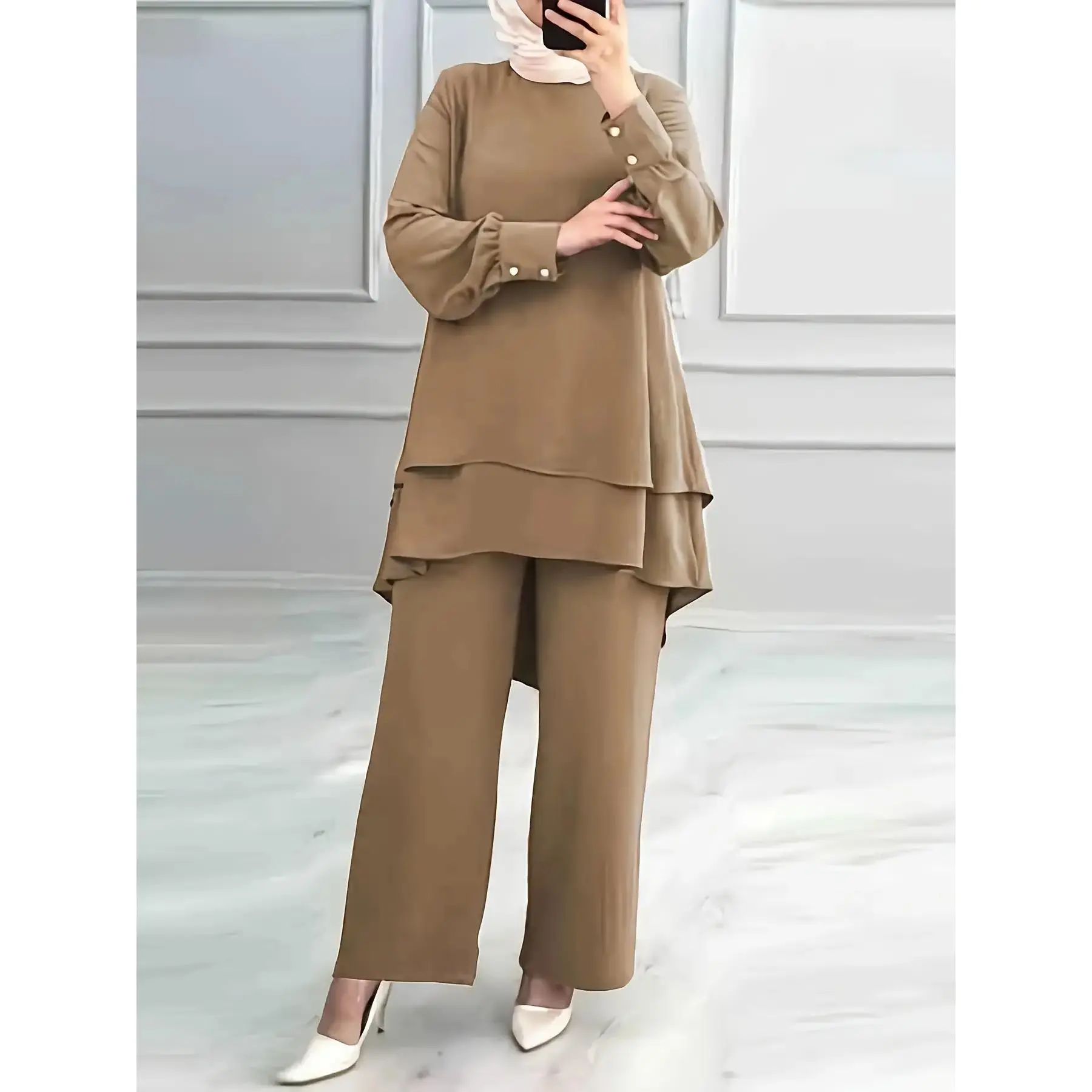 Solid Polyester Clothing Sets, Plus Size Modest 2-Piece Outfit with a Crew Neck Dipped Hem Top and Wide-Leg Pants, Long Sleeve, Dry Clean, Machine Washable, Plain, Woven