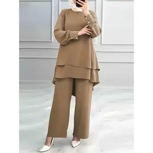 Plus Size, Muslim new Women's suit solid color double-layer top fashionable and elegant loose wide-leg pants large size suit, Modest Fashion, Hijab Outfit, Elegant Design, Loose Fit, Highquality Material, Durable Fabric, Long Sleeve Top, Hijabi Fashion, F
