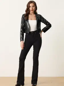 INSPIRE CHIC Faux Leather Crop Blazer Collarless Open Front PU Moto Biker Jacket