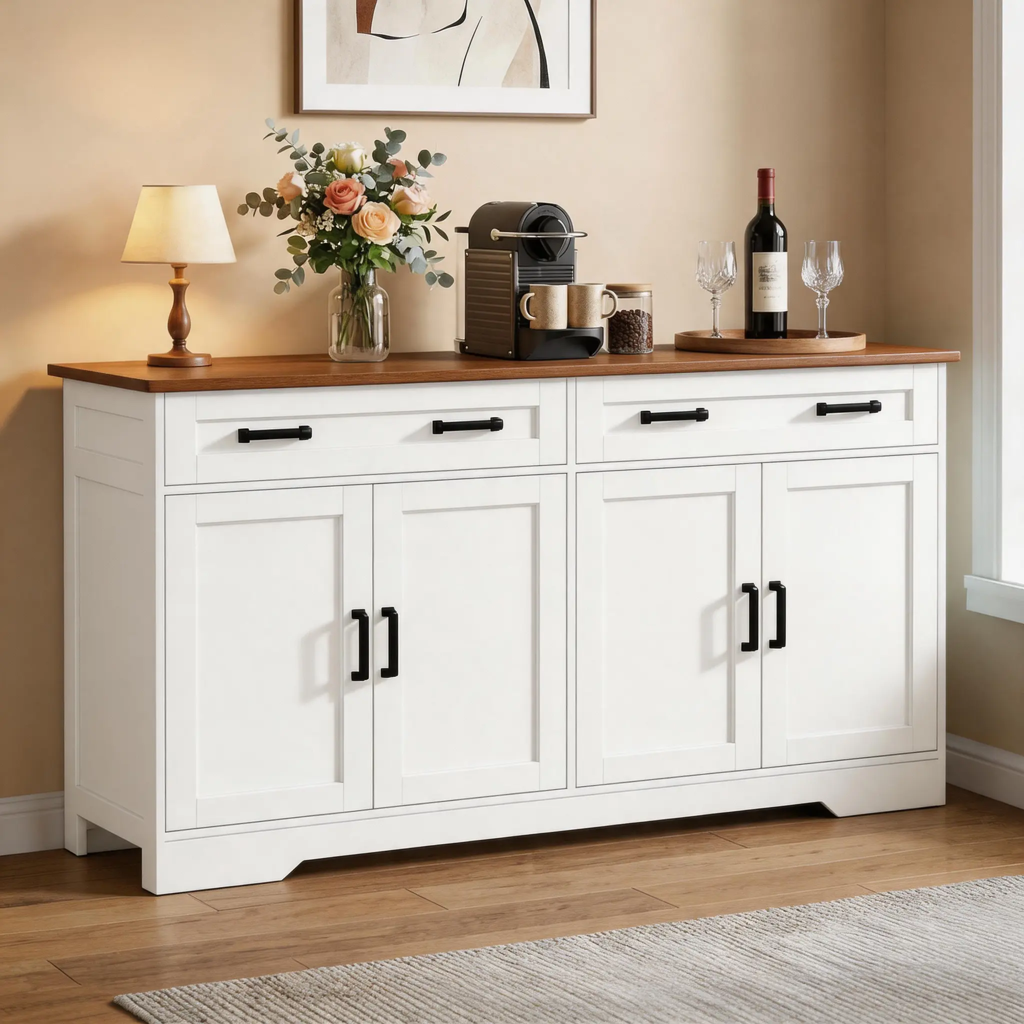 Fabiula Modern Farmhouse Freestanding Cupboard - Multifunctional Storage Cabinet with 4 Barn Doors, Kitchen Storage Unit, Coffee Bar Decor for Kitchen, Living Room Indoor Furniture (summergarden Collection)