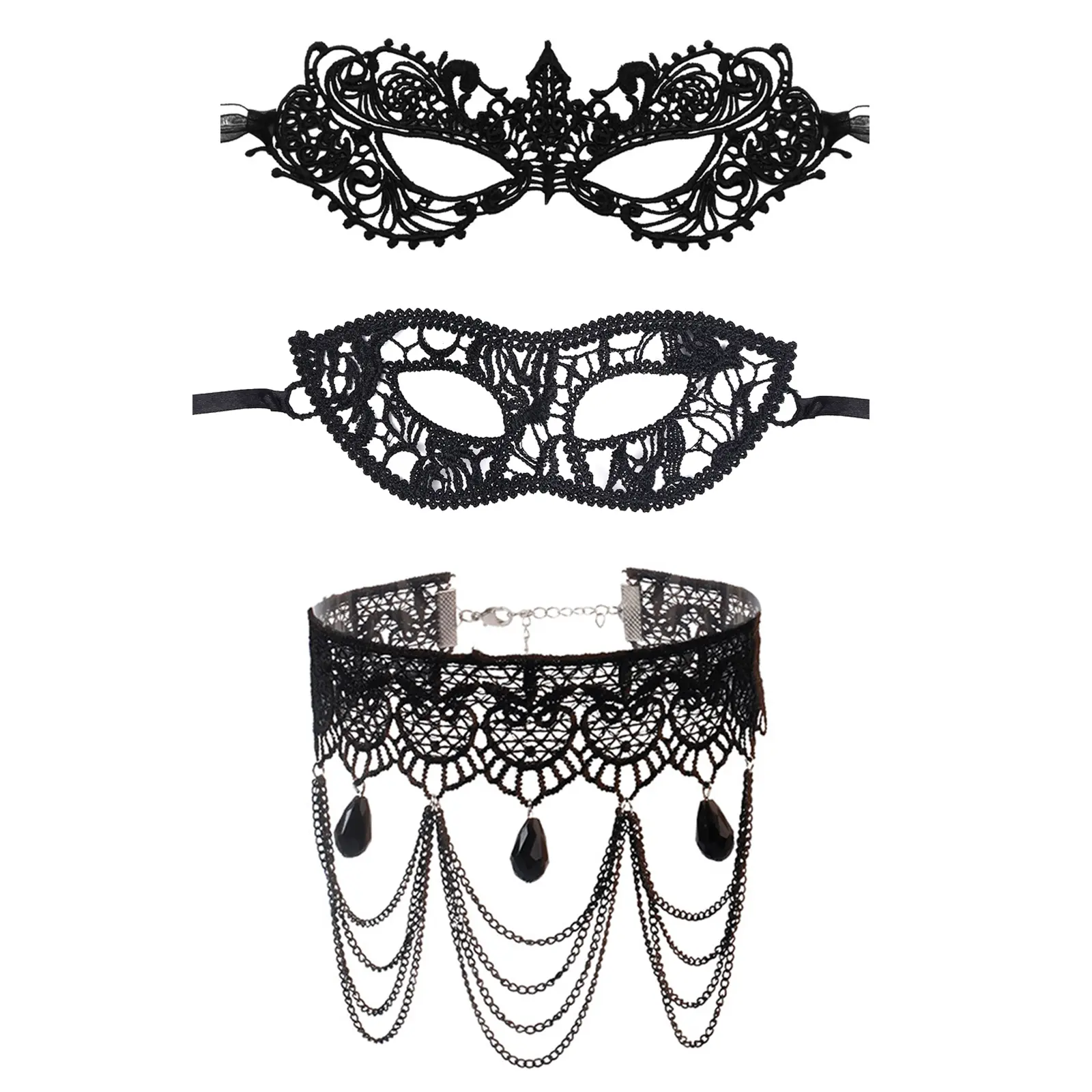 OIDEA Masquerade Mask for Women 3-Piece Set 2 Lace Half Face Masks with Choker and Extension Chain, Adjustable Ribbon Ties for Halloween Cosplay