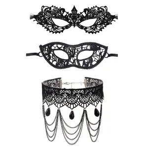 OIDEA Masquerade Mask for Women 3-Piece Set 2 Lace Half Face Masks with Choker and Extension Chain, Adjustable Ribbon Ties for Halloween Cosplay