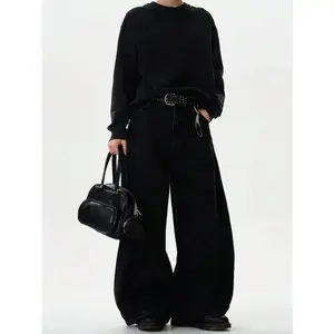 1pc Men's Retro American Style Black Personalized Loose Wide Leg Flared Jeans