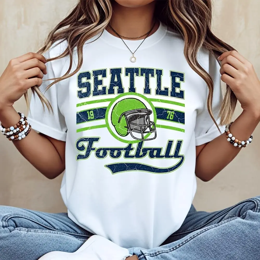 Seattle Football 1976 Helmet Graphic Print T-Shirt, Vintage Sports Team Fan Apparel, Casual Daily Wear Game Day Outfit