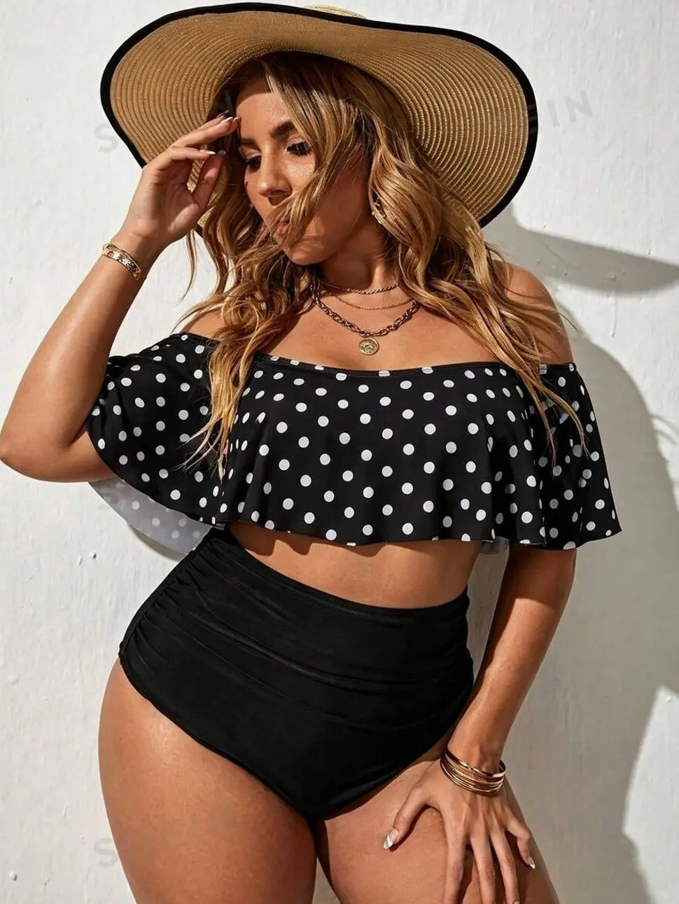 Plus Size Polka Dot Off-Shoulder Bikini Set - Summer Beach Vacation Wear