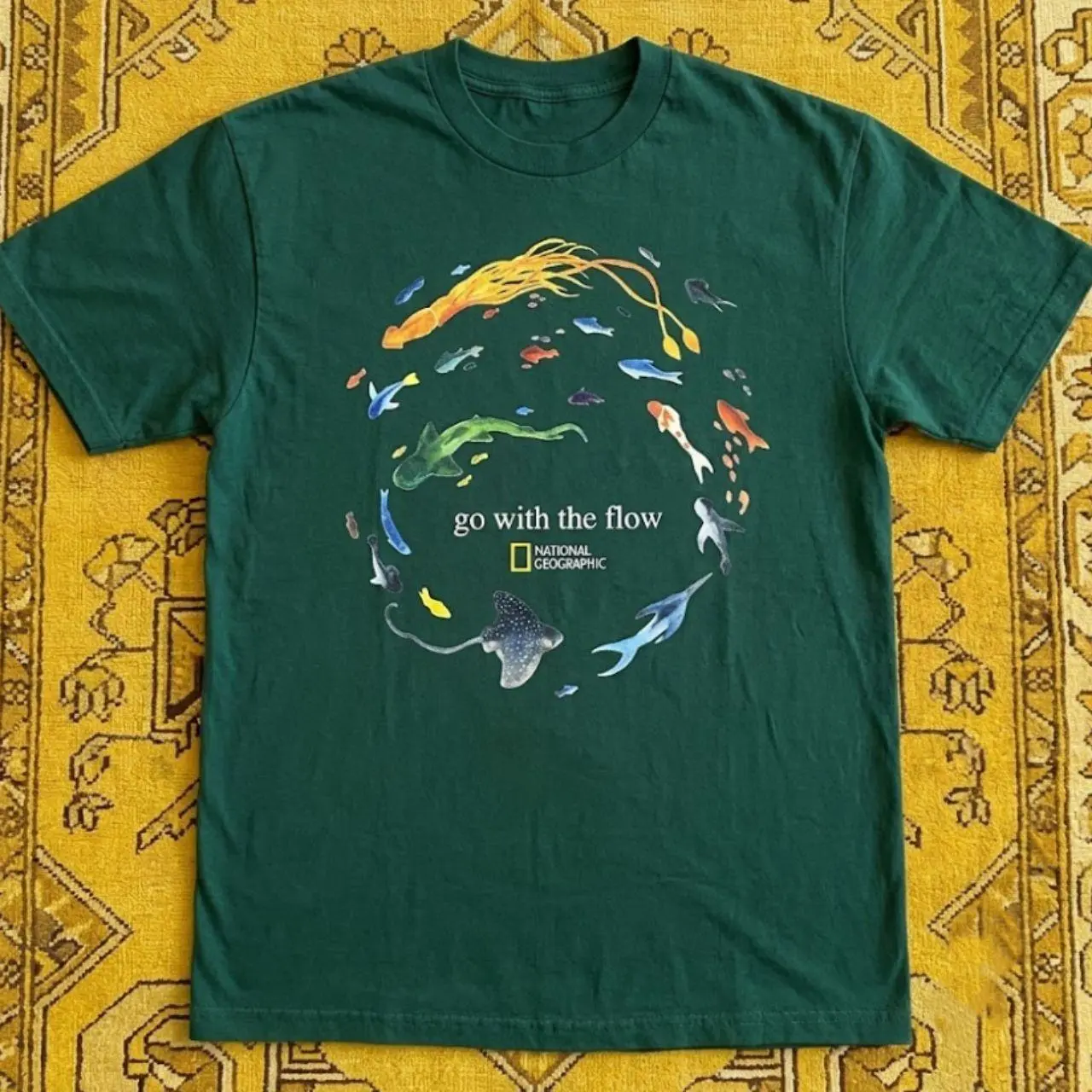 [Sale off up to 50%] National Geographic Go With the Flow Ocean Life Graphic Forest Green T-Shirt Casual Crew Neck Apparel T Shirt
