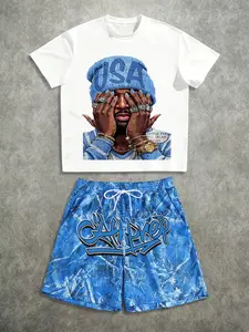 Men's American Hip-Hop Portrait Print Short Sleeve Set, Menswear, Casual, Breathable Fabric, Soft and Smooth, Comfortable for Daily Wear, Summer