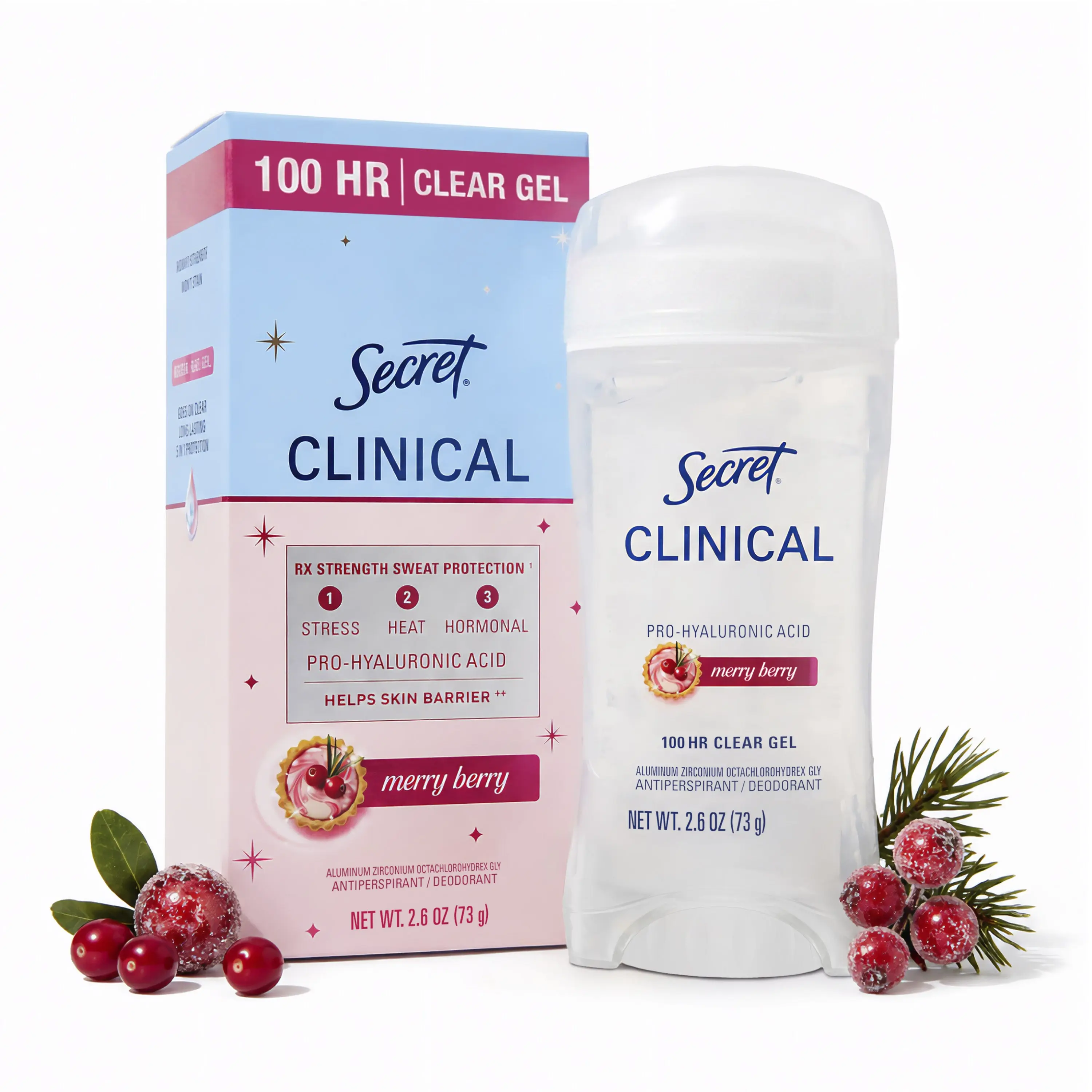Secret Clinical Strength 100HR Clear Gel Antiperspirant and Deodorant for Women, Merry Berry, 2.6 oz