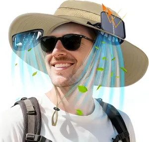 Men Sun Hat with 2 Solar Fans Wide Brim Outdoor Fishing Hat USB & Solar Powered for Sun Protection Camping Hiking