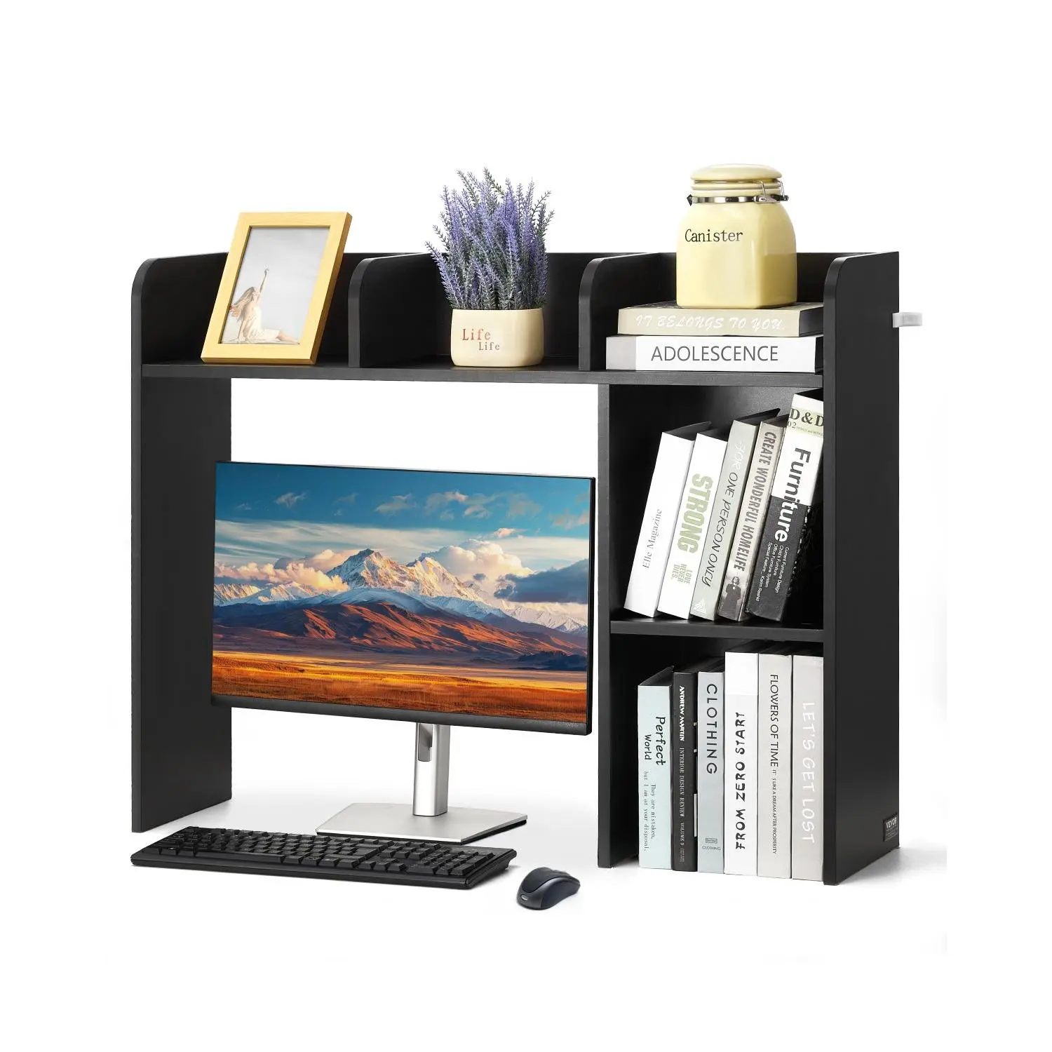 VEVOR Desktop Bookshelf, 2-Tier Desktop Storage Organizer, 37.2" x 9.5" x 28.9" Office Storage Rack Wood Display Shelf, Desktop Bookshelf Hutch with Anti-Slip Feet Pads, for Office, Home & Dorm, Black Writing Table
