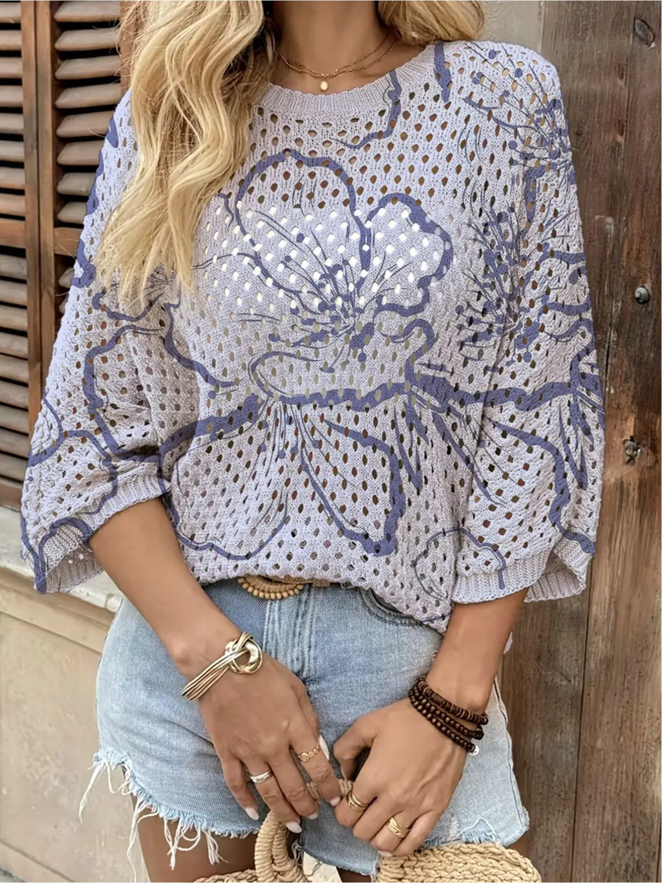 Spring/Summer style, crew neck hollow-out loose batwing raglan sleeve cover-up, contrast floral print women's knitted top, vacation style, casual and elegant for commuting, women's vest cover-up, bikini cover-up, boho vacation style beach cover-up