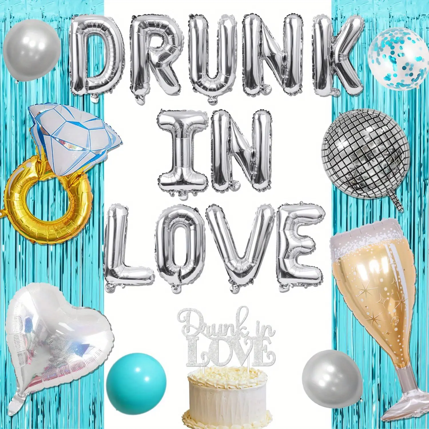 Teal Blue Drunk in Love Bachelorette Party Decorations Kit (1-Set) - Festive Supplies Including Foil Curtain, Diamond Ring, Wine Bottle, 4D Heart-Shaped Disco Foil Balloons, Latex Balloons & Cake Topper, Gifts for Engagement