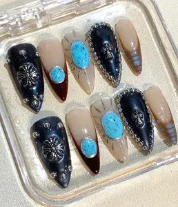 Western Gothic Press-On Nails – Turquoise Stone & Metal 3D Design – Handmade Luxury Nail Set